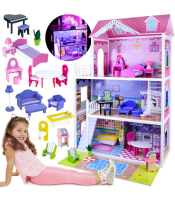 Didelis medinis lėlių namas su baldais ir LED apšvietimu