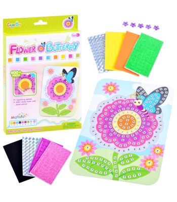 Mozaikinis paveikslėlis su gėlytėmis ir drugeliu