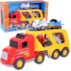 Didelis sunkvežimis tir su priekaba, lėktuvai ir sraigtasparnis su garsais