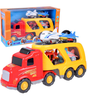 Didelis sunkvežimis tir su priekaba, lėktuvai ir sraigtasparnis su garsais