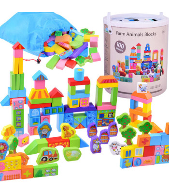 Spalvoti Mediniai Kaladėlių Rinkinys - Ūkis 100vnt