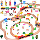 Didelis medinės traukinių rinkinys su lokomotyvu ir figūrėlėmis