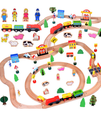 Didelis medinės traukinių rinkinys su lokomotyvu ir figūrėlėmis