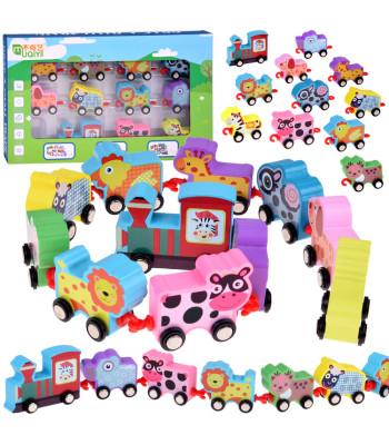Mediniai žaislai traukinukas su gyvūnais 11 dalių
