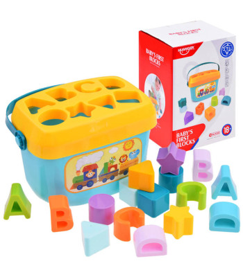 Edukacinis rinkinys kibirėlis su kaladėlėmis ir raidėmis sorteriu 16 vnt.