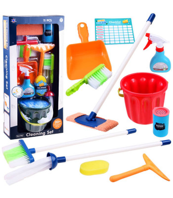 Didelis valymo rinkinys su kibiru, šluotele ir priedais