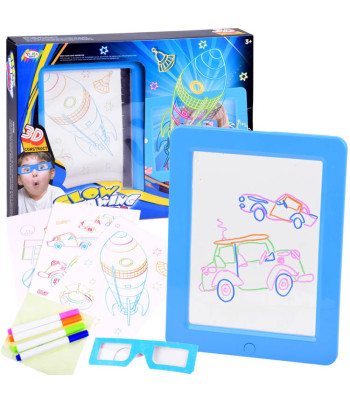 Apšviesta lentelė su 3D akiniais ir pieštukais