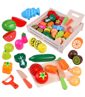 Medinių daržovių ir vaisių rinkinys pjaustymui su magnetais dėžutėje ZA4121