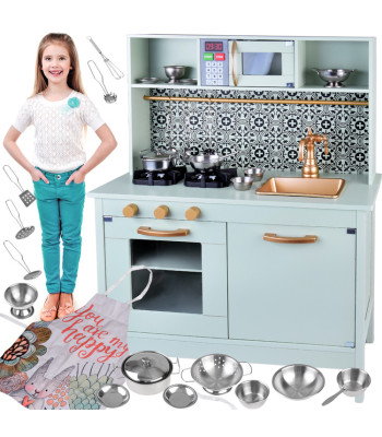 Mėtų spalvos medinė virtuvė vaikams su garso ir šviesos efektais