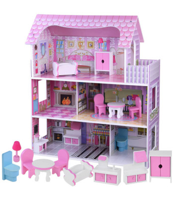 Medinis lėlių namelis su baldais ir LED apšvietimu