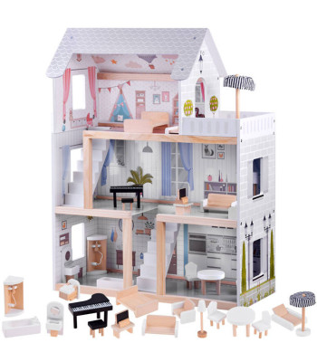 Medinis lėlių namelis Boho stiliuje su LED apšvietimu