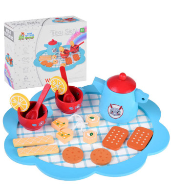 Mėlynas medinis arbatos rinkinys su sausainiais ir citrinomis