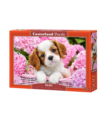 Puzzle 500 detalių Šuniukas Rožinėse Gėlėse