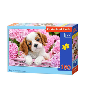 Puzzle 180 elementų Šuniukas Rožinėse Gėlėse