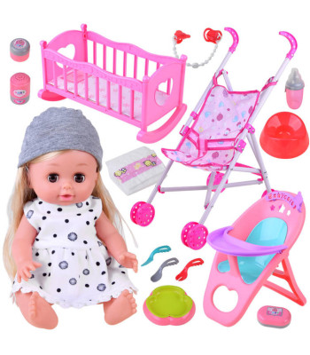 Didelis interaktyvios lėlės rinkinys su vežimėliu, kėdute ir aksesuarais