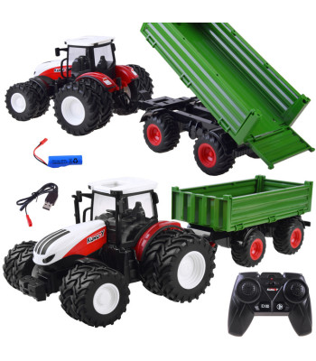 Didelis raudonas nuotoliniu būdu valdomas traktorius su priekaba ir šviesomis RC0602