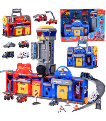 Mega garažas 2in1 policija ir gaisrinė su liftu ir lagaminu ZA4361