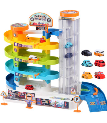 Žaislinis keturių aukštų automobilių garažas su elektriniu liftu