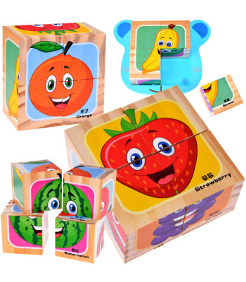 Mediniai blokeliai su vaisių paveikslėliais