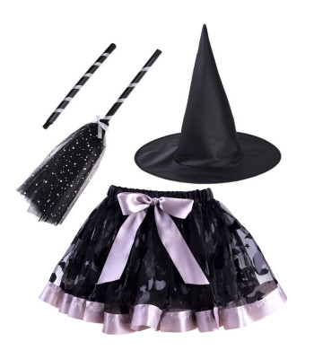 Czarownicos kostiumas: sijonėlis, skrybėlė ir šluota