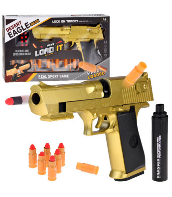 Vaikiškas pistoletas su piankiniais šoviniais ir duslintuvu