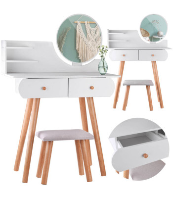 Balta kosmetinė su veidrodžiu, suoliuku ir stalčiais skandinavišku stiliumi