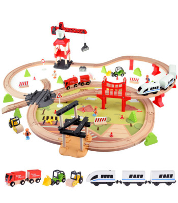 Medinė vaikų geležinkelio bazė su transporto kranu, traukiniu ir bėgiais ZA4830