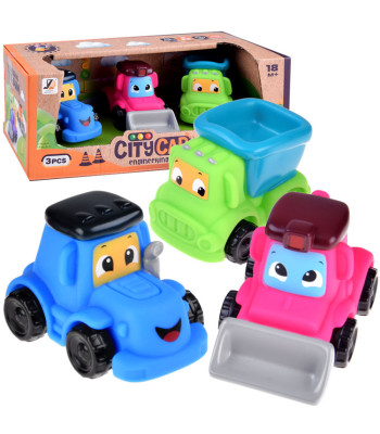 Minkštų Statybinių Automobiliukų Rinkinys 3 vnt Traktorius Buldozeris Savivartis 18M+