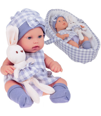 Lėlė naujagimis su pilka kepure ir suknute - zuikis žaislas ZA5007