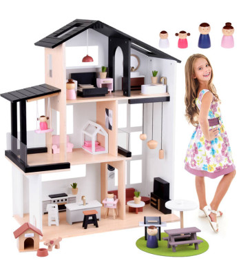 Modernus medinis lėlių namelis lofto stiliuje + lėlės ir baldai ZA5073