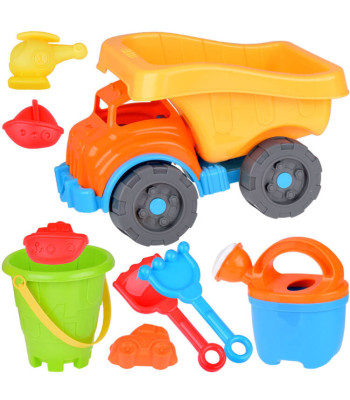 Didelis smėlio dėžės rinkinys su sunkvežimiu savivarčiu, formelėmis, kastuvėliu ir grėbliuku