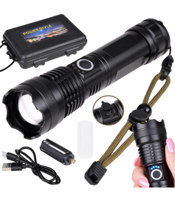 Galingas LED žibintuvėlis su USB įkrovimu ir atsparumu vandeniui SP0799