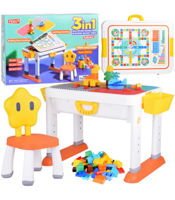 Reguliuojamas 3in1 staliukas su dvipusiu stalviršiu ir blokų konstravimo rinkiniu