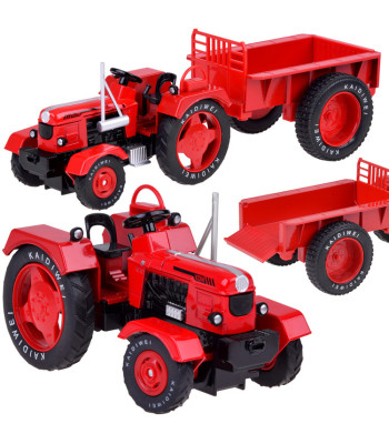 Raudonas metalinis traktorius su priekaba ir guminiais ratais 1:18