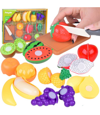 Plastikiniai vaisiai pjaustymui su lentelė ir peiliu