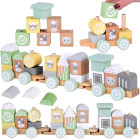 Medinis traukinukas su vagonais ir kaladėlėmis, 23 elementai