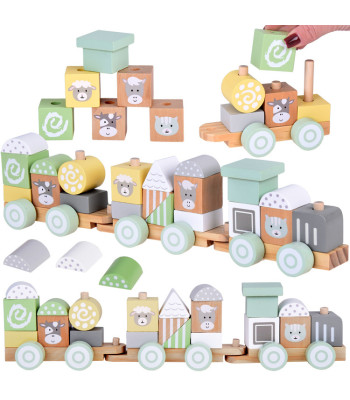 Medinis traukinukas su vagonais ir kaladėlėmis, 23 elementai