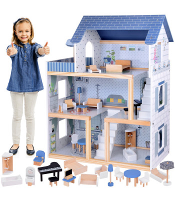 Medinis mėlynas lėlių namelis su baldais, 3 aukštai, terasa