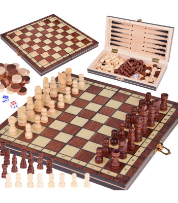 Medinis žaidimų rinkinys 3 viename: Šachmatai, Šaškės, Tryktrakas