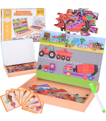 Magnetinė Lenta 2in1 su Magnetinėmis Dėlionėmis Statybos Transporto Priemonės