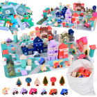 Pastelinis medinių kaladėlių rinkinys Miestelis + Dėlionės kilimėlis 115 vnt.