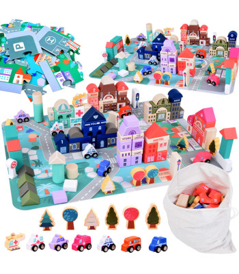 Pastelinis medinių kaladėlių rinkinys Miestelis + Dėlionės kilimėlis 115 vnt.