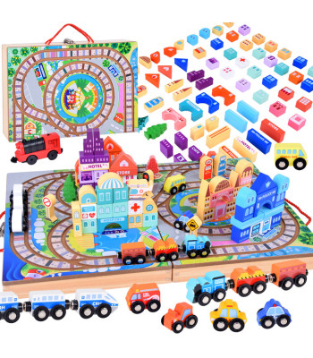 Medinis traukinio rinkinys su blokais – Kurk miestą + traukinys su lagaminu 89 elementai
