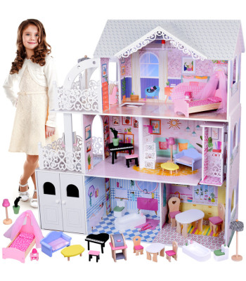 Didelis ažūrinis medinis lėlių namas su liftu, garažu, balkonu ir baldais