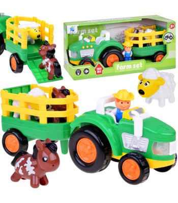 Traktorius su priekaba, ūkininku ir gyvūnais