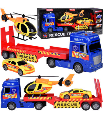Gelbėjimo žaislų rinkinys: sunkvežimis, sraigtasparnis ir automobilis