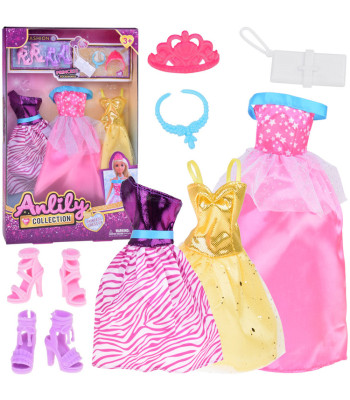 Madingų lėlių rūbų rinkinys: Suknelės + papuošalai + aksesuarai