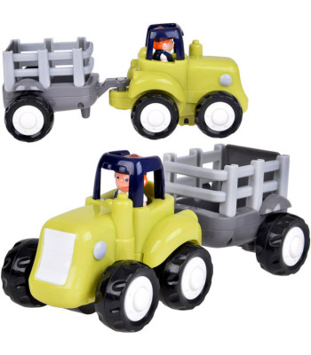 Statybinis traktoriukas su priekaba ir ekskavatoriumi