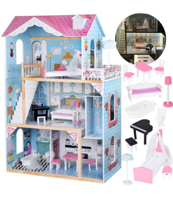 Didelis medinis lėlių namelis su baldais pastelinėmis spalvomis ZA5457