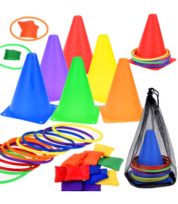 Judrumo žaidimas su kūgiais, lankais ir maišeliais vaikams